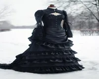 Vintage Victoriaanse trouwjurk zwarte drukte historische middeleeuwse gotische bruidsjurken hoge nek lange mouwen corset winter cosplay 2061292
