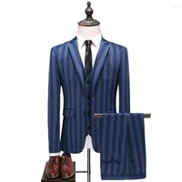 블레이저스 남자 정장 3 조각 남자 공식적인 드레스 비즈니스 블레이저 슈트 남자 디자인 패션 슬림 핏 파티 웨딩 블루 코트