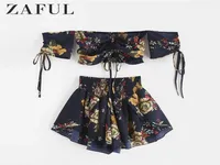 Zaful Off Shoulder Cinched Floral Women Set Slash Neck Short Sleeves Crop Top High Waist Shorts Set Beach Boho Suits Summer Y190427791983