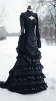 Vintage Victoriaanse trouwjurk zwarte drukte historische middeleeuwse gotische bruidsjurken hoge nek lange mouwen corset winter cosplay 4756443