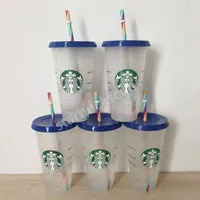 24oz 710ml  Tumblers Color Changing Cup Plastic Reusable High appearance Level Rainbow Confetti Straw Cup Ice Water color changing