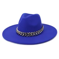 9 5CM Big Brim Women Men Solid Color Peach Heart Top Faux Wool Felt Jazz Fedora Hats with Chain Panama Party Wedding Formal Hat271z