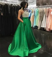 Bling Beading Prom Dresses with Pockets High Quality Formal Evening Dresses Green Matte Satin Halter Neck Party Bridal Party Gowns7521940