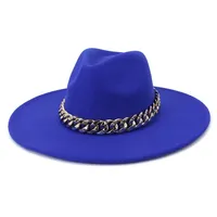 9 5CM Big Brim Women Men Solid Color Peach Heart Top Faux Wool Felt Jazz Fedora Hats with Chain Panama Party Wedding Formal Hat252x