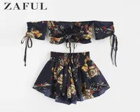 Zaful Off Shoulder Cinched Floral Women Set Slash Neck Short Sleeves Crop Top High Waist Shorts Set Beach Boho Suits Summer Y190428372756