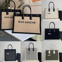 Rive Gauche Totes Bags Women Striped Canvas and Weave Leather Large Beach Handbags Shopping Purse Luxurysデザイナー大容量夏の旅行ショルダーバッグ2022