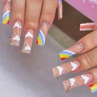 Valse nagels 24 -stcs Rainbow Cloud Nail Patch Rhinestone ingelegde druk op afneembare lange paragraaf Fashion Manicure -tips