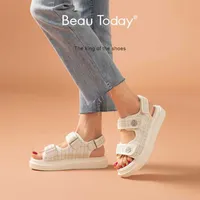 Beautoday Platform Sandal Kafes Toe Toe Hook Döngü Ekose Bez Yaz Gündelik Bayan Dış Mekan Ayakkabıları El Yapımı 38161 220613