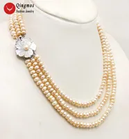 Choker Qingmos Pink Pearl Necklace For Women With Genunie 6-7mm Flat Round 3 Strands Chokers 17-18-19" Jewelry