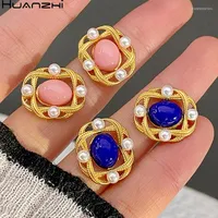 Brincos de garanhão geometria quadrada irregular Hollow out azul rosa metal para mulheres garotas jóias de festa da moda huanzhi 2023