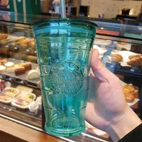 The Summer Starbucks Green Glass straw cup 16oz Relief Mermaid logo heat insulation Glass Coffee mug 18oz Ice cup for cola fruit j219S