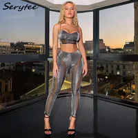 Shiny Glitter Sheer Mesh Patchwork Two Piece Pant Set Women 2023 Summer Sexy Lace Up Bra Crop Top Leggings Pants Skinny Sport Suit Clubwear Outfits Matching Set