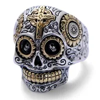 Real Solid 925 Sterling Silver Skull Rings For Men Retro Pure Gold Color Cross And Sun Fower Engraved Vintage Punk Jewelry C181228331Y
