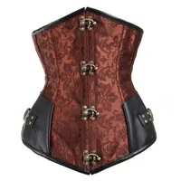 Women Gothic Steampunk Brown Black 12pcs Steel Boned Brocade Jacquard Underbust Corsets with PU Leather Patchwork Sexy Waist Cinch260p