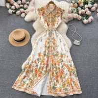 Summer Casual Dresses Women New Palace Style High midje Suspenders Cake Dress Mid-Längd Print Runway Party Dresses 2023