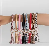 Cheapest Tassel Pendant Bracelet Key Chain Pu Leather Bracelets Wristlet Bangle Leopard Keychain Round Ring Charm Jewelry Car Keyring Holder