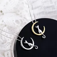 Fashion Cute Animal Cat Moon Pendant Necklace Lucky Kitten Pet Jewelry For Women Gift Charm Silver Color Box Chain Necklace206V