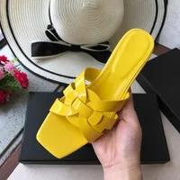Slippers Classical Summer Square Head Woven Thick Middle Heels Women's Solid Colorful Leather Slingbacks Female Shoes Yellow Red