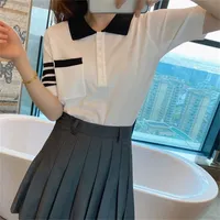 Cheap Clothing 70% off college style sweater female jacquard ice silk T-shirt polo collar Pullover thin summer short sleeve top