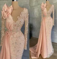Party Dresses Illusion Long Sleeve Mermaid Evening Pageant With Side Train 2023 Lace Pearls Crystal African Aso Ebi Arabic Prom Dress