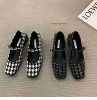 Spring 2023 new small fragrant thick heel square toe single shoes women's middle heel thousand bird check with shallow mouth Mary Jane shoes