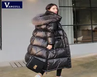 Vangull Black Glossy Women Jacket de invierno Big Fur Collar Coat Women Down Down Depardas Parkas Capucha Capas de algodón V7289953