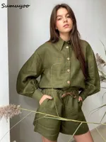 Womens Two Piece Pants Sumuyoo Summer Cotton Linen Vacation Outfits Woman Casual Lapel Shirt 2 Pieces Set High Wasit Shorts Loose Green Suits 230320