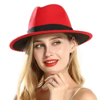 Fashion Polyester Cotton Red Black Wide Brim Fedora Hats for Festival Women Ladies Wool Felt Jazz Trilby Panama Carnival Hat267k