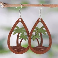 Dangle Earrings Hawaiian Style Bohemian Tropical Beach Coconut Tree Ear Rings Double-sided Wooden Water Drop Hollow-out