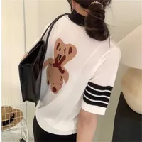 Cheap Clothing 70% off Classic college style short polo collar black and White Embroidery bear knitted T-shirt ice silk half sleeve top summer