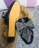 2023 bursts Sandals slipper wool diamond drill water stained cowhide. Super large butterfly stitched stitch Black Size 35-41