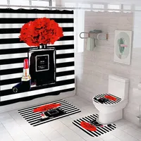 Designer 4 Piece Set Shower Curtain For Home Bathroom Carpet Non Slip Bath Curtains Mats Soft Absorbent Toilet Seat Covers