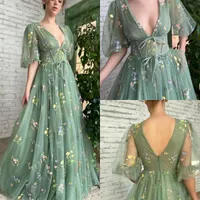 Party Dresses 144Sage Green Chiffon Ball Gown Puff Lantern Sleeve Tulle ALine Prom Dress Flower Floral Print Embroidery DeepV Corset Boho 230320