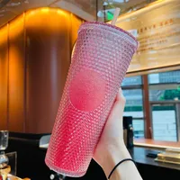 Summer  Pink gradient durian laser Straw cup Tumbler high-capacity 710ML Mermaid plastic cold water coffee Mug gift256M
