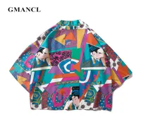 GMancl Männer Japanischer Stil Geisha Geometrisch gedruckter Strickjacken Kimono Jacken Model Streetwear Hip Hop männlicher Mantel Außenbekleidung2484589