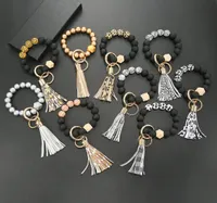 Black Frosted Wooden Bead Bracelet Keychain Fashion Pattern Tassel Pendant Bracelets Women Girl Key ring Wrist Strap4552479