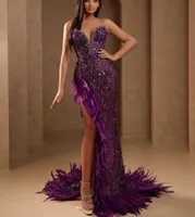 Dark Purple Mermaid Evening Dresses Sleeveles V Neck Beaded Appliques Sequins Lace Hollow Diamond Side Slit Feather Floor Length Prom Dresses Formal Gowns Plus Size