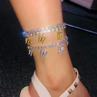 Gold Butterfly Anklet Rhinestone Crystal Ankle Charm Bracelet Boho Beach Anklets for Women Sandals Foot Bracelets Female Wedding J246F