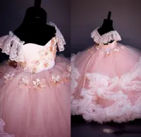 Pink Lace Beaded Flower Girl Dresses Ball Gown Hand Made Flowers Cheap Little Girl Wedding Dresses Vintage Girl Dresses Gowns6615882