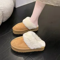Slippers 2023 Winter Fashion Plush Cotton Women Flat Shoes Thick Soled Leisure Home Suede Leather Warm Shoulder Strap