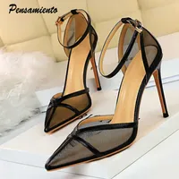 slippers Pensamiento Big size Air mesh Women Pumps Sexy see through Ankle strap Thin heeled Summer Office lady Shoes Fashion High heels