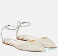 Summer Luxury Saeda Sandals Shoes Women Flat Crystal Chain Straps Glitter Pointed Toe Nice Lady Walking Luxury Footwear EU35-43