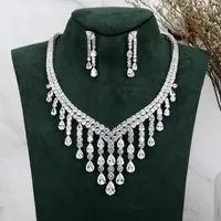 Necklace Earrings Set TIRIM For Women White Color Water Drop Cubic Zircon Wedding Brides Jewelry Accessories Extension Chain