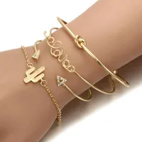 Bangle 4PCS Set Women Bracele Jewelry Love Letter Triangle Knot Unique Round Cactus Chain Vintage Bracelet Gift Retro Charm #4