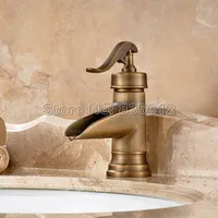 Bathroom Sink Faucets Antique Brass Waterfall Style Basin Faucet   Single Handle Dual Control Vessel Mixer Taps Deck Mounted Wan007