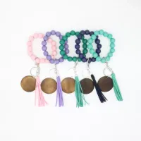 NEW Cross-border beaded wooden bead keychain fashion personality disc tassel bracelet key ring female wholesale