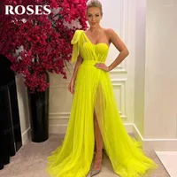 Party Dresses Yellow One-Shoulder Prom Dress Sweetheart Long Pleated Tulle Boned Evening High Split Elegant Vestido Formal Gown