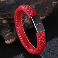 Charm Bracelets Punk Men Jewelry Red Braided Leather Bracelet Metal Magnetic Buckle Male Wrist Band FR1281