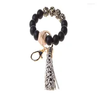 Keychains Natural Wood Eye Charm Bracelet Keychain Wristlet Leather Tassel Food Grade Silicone Bead Key Ring For Women C1FE