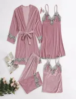 4 Piece Pajamas Set Sexy Lace Velvet Women Pajamas Velvet Dressing Gown Lace Winter Robe Sleepwear With Chest Pads16626689